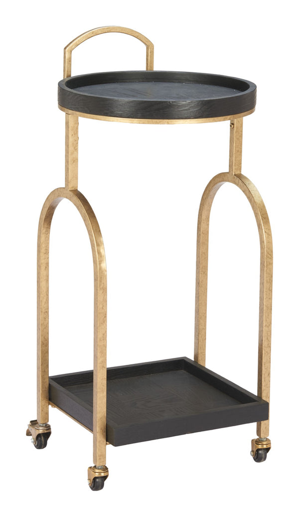 HomeRoots 17" Vintage-Inspired Black & Brass Rolling Bar Cart with Wood Shelves for Stylish Home Mobility 668798