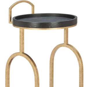 HomeRoots 17" Vintage-Inspired Black & Brass Rolling Bar Cart with Wood Shelves for Stylish Home Mobility 668798