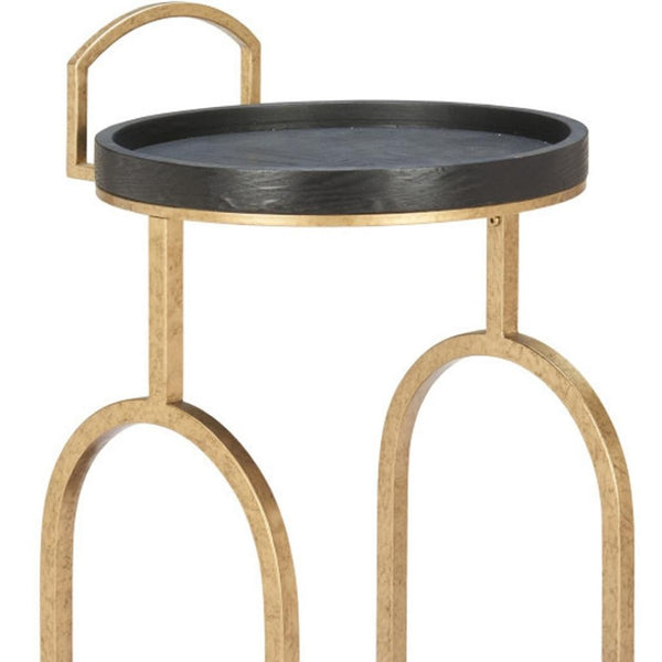 HomeRoots 17" Vintage-Inspired Black & Brass Rolling Bar Cart with Wood Shelves for Stylish Home Mobility 668798