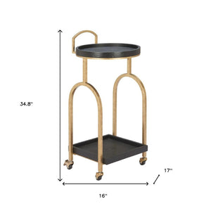 HomeRoots 17" Vintage-Inspired Black & Brass Rolling Bar Cart with Wood Shelves for Stylish Home Mobility 668798