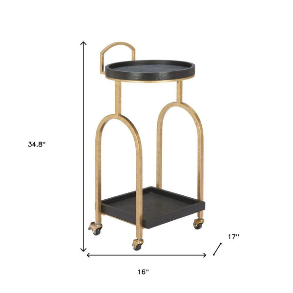 HomeRoots 17" Vintage-Inspired Black & Brass Rolling Bar Cart with Wood Shelves for Stylish Home Mobility 668798