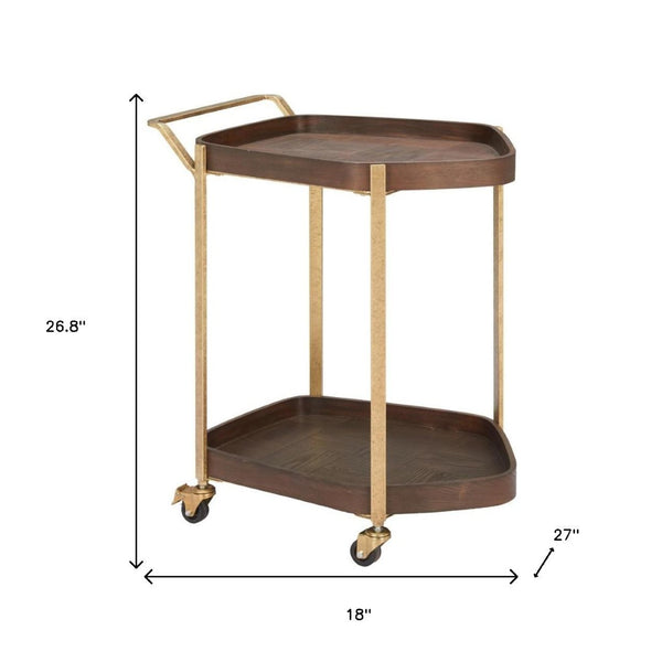 HomeRoots 27" Walnut and Brass Rolling Bar Cart – Stylish Mobility for Modern Entertaining and Storage Solutions 668799