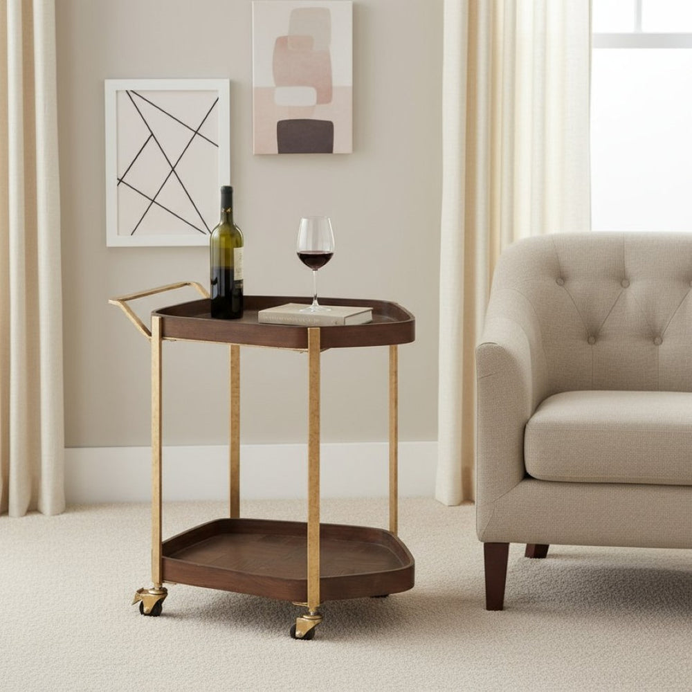 HomeRoots 27" Walnut and Brass Rolling Bar Cart – Stylish Mobility for Modern Entertaining and Storage Solutions 668799
