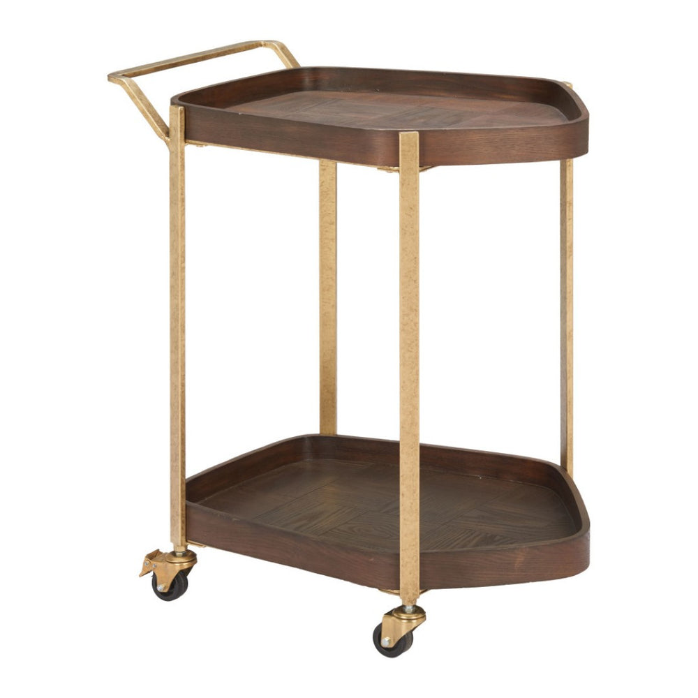 HomeRoots 27" Walnut and Brass Rolling Bar Cart – Stylish Mobility for Modern Entertaining and Storage Solutions 668799