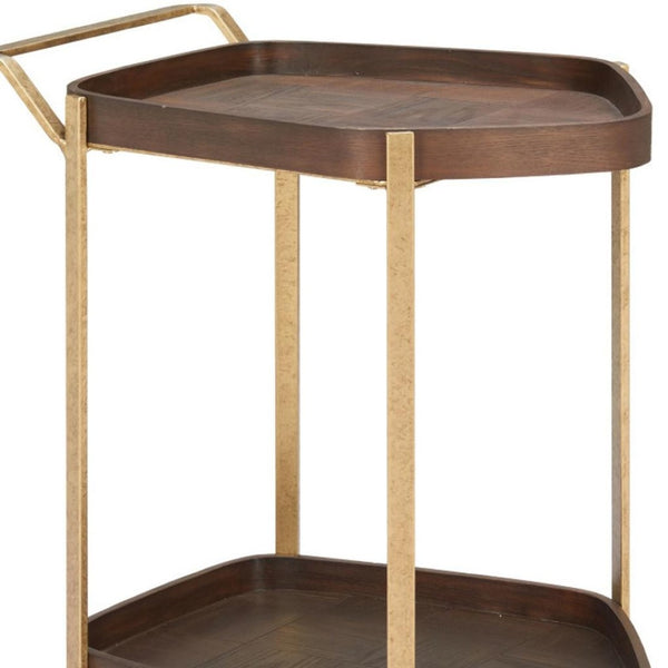 HomeRoots 27" Walnut and Brass Rolling Bar Cart – Stylish Mobility for Modern Entertaining and Storage Solutions 668799