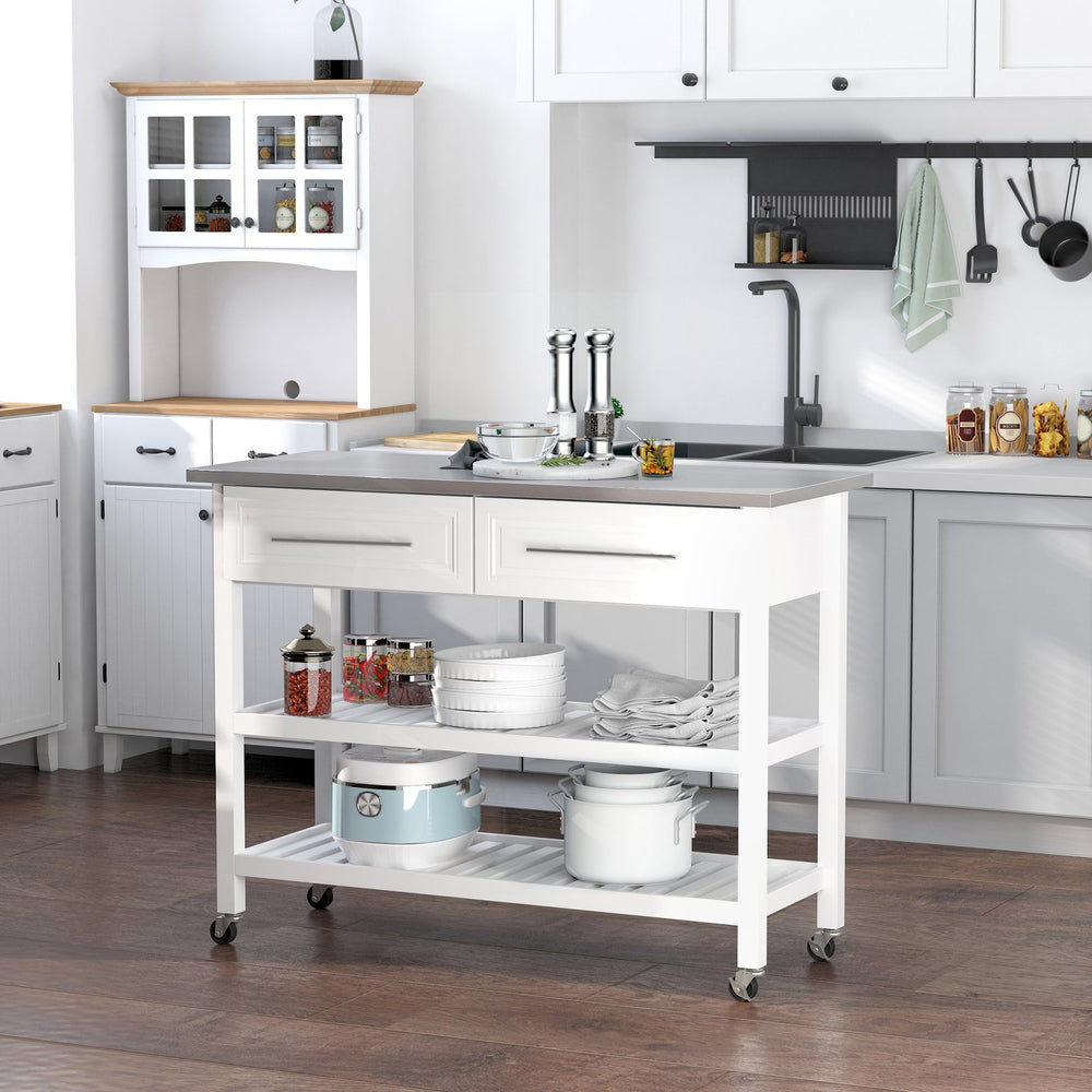 English Elm HOMCOM Rustic Farmhouse Kitchen Island Cart with Stainless Steel Top, 2 Drawers, Shelves & Wheels W2225P173899