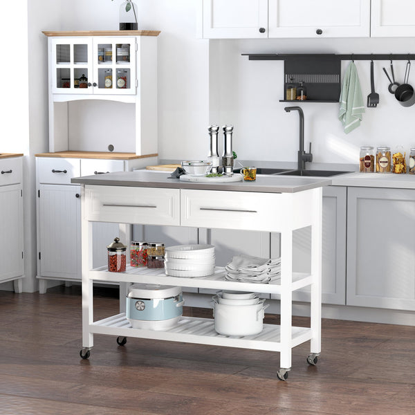 English Elm HOMCOM Rustic Farmhouse Kitchen Island Cart with Stainless Steel Top, 2 Drawers, Shelves & Wheels W2225P173899