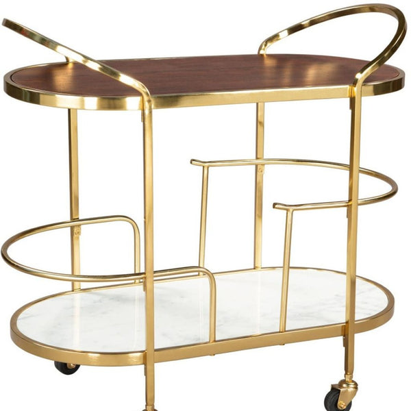 HomeRoots 32" Elegant Brown Gold and White Iron Rolling Bar Cart with Marble Shelf - Stylish Two-Tier Design 668800