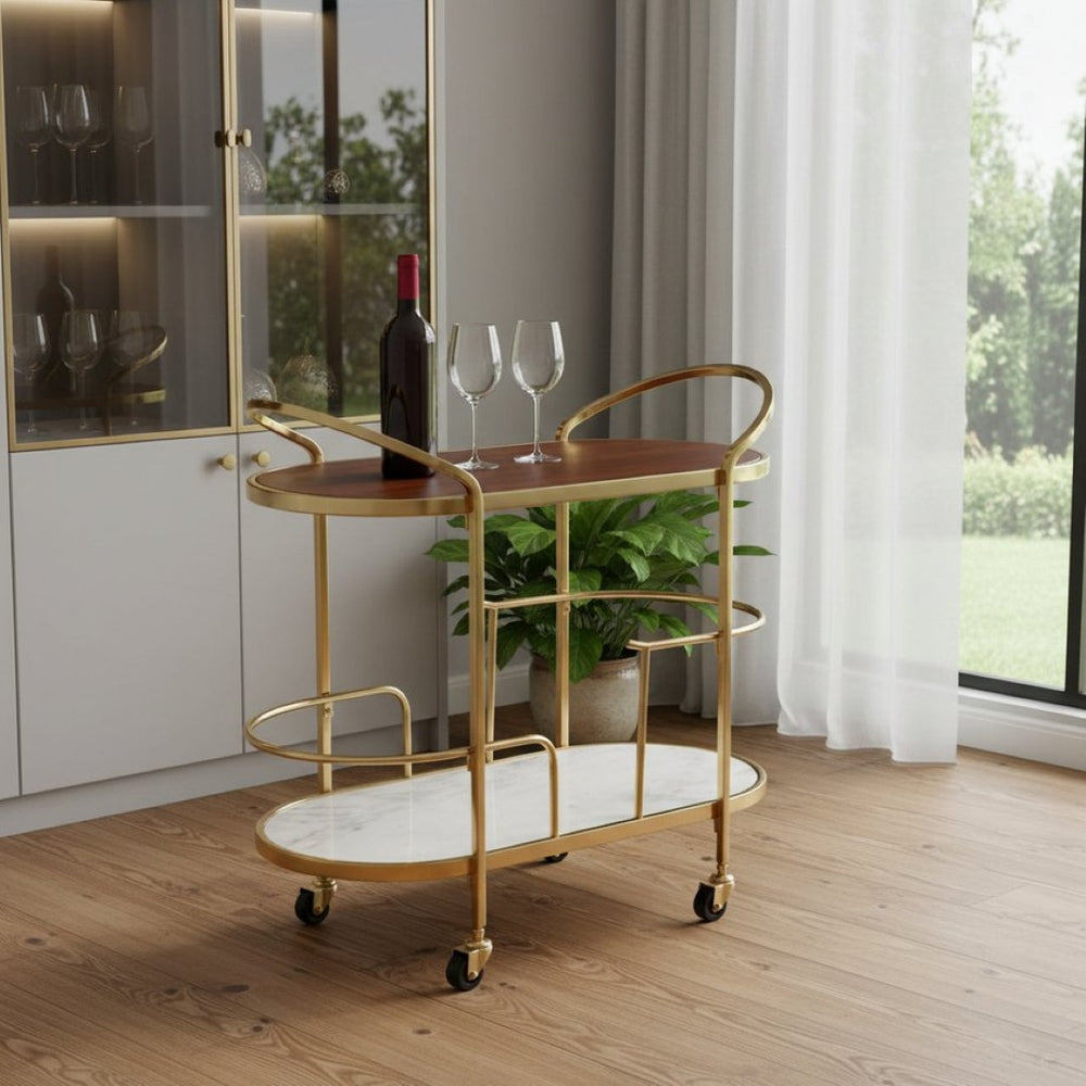 HomeRoots 32" Elegant Brown Gold and White Iron Rolling Bar Cart with Marble Shelf - Stylish Two-Tier Design 668800