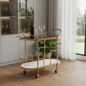 HomeRoots 32" Elegant Brown Gold and White Iron Rolling Bar Cart with Marble Shelf - Stylish Two-Tier Design 668800