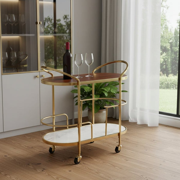 HomeRoots 32" Elegant Brown Gold and White Iron Rolling Bar Cart with Marble Shelf - Stylish Two-Tier Design 668800