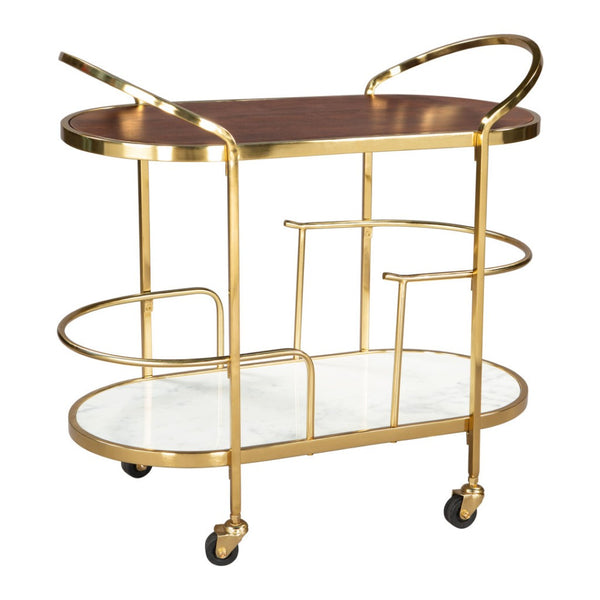 HomeRoots 32" Elegant Brown Gold and White Iron Rolling Bar Cart with Marble Shelf - Stylish Two-Tier Design 668800