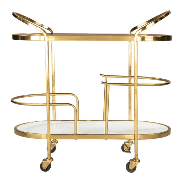 HomeRoots 32" Elegant Brown Gold and White Iron Rolling Bar Cart with Marble Shelf - Stylish Two-Tier Design 668800