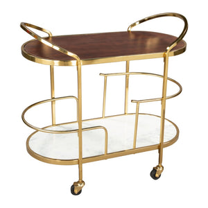 HomeRoots 32" Elegant Brown Gold and White Iron Rolling Bar Cart with Marble Shelf - Stylish Two-Tier Design 668800