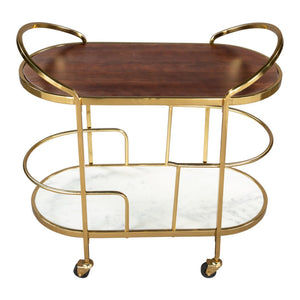 HomeRoots 32" Elegant Brown Gold and White Iron Rolling Bar Cart with Marble Shelf - Stylish Two-Tier Design 668800