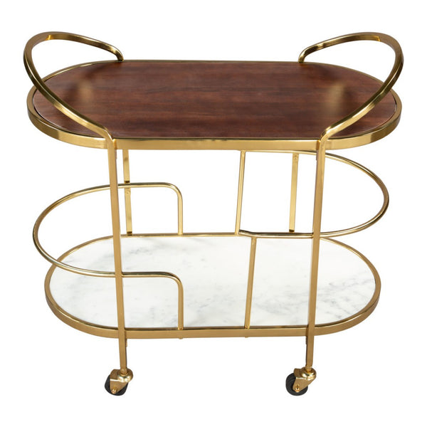 HomeRoots 32" Elegant Brown Gold and White Iron Rolling Bar Cart with Marble Shelf - Stylish Two-Tier Design 668800