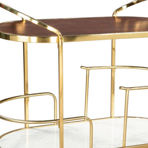 HomeRoots 32" Elegant Brown Gold and White Iron Rolling Bar Cart with Marble Shelf - Stylish Two-Tier Design 668800