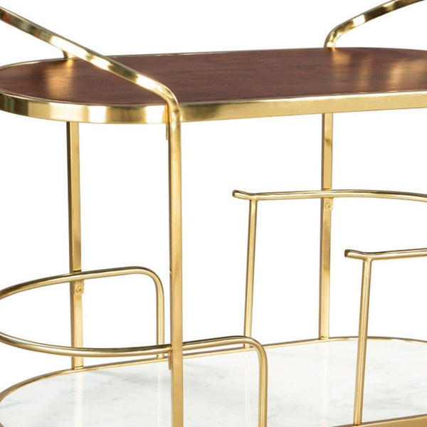 HomeRoots 32" Elegant Brown Gold and White Iron Rolling Bar Cart with Marble Shelf - Stylish Two-Tier Design 668800
