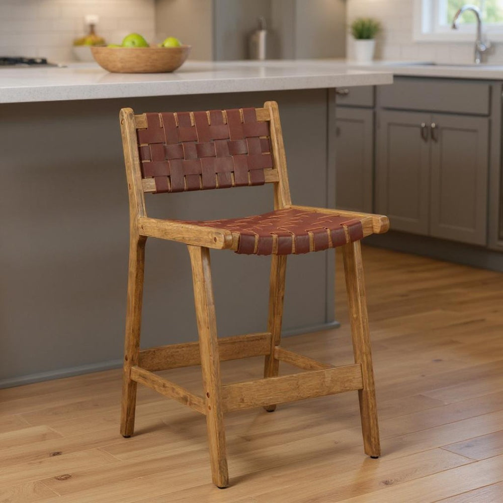 HomeRoots 26" Brown Leather Low Back Counter Height Bar Chair - Stylish, Durable Design for Home & Cafe Use 668801