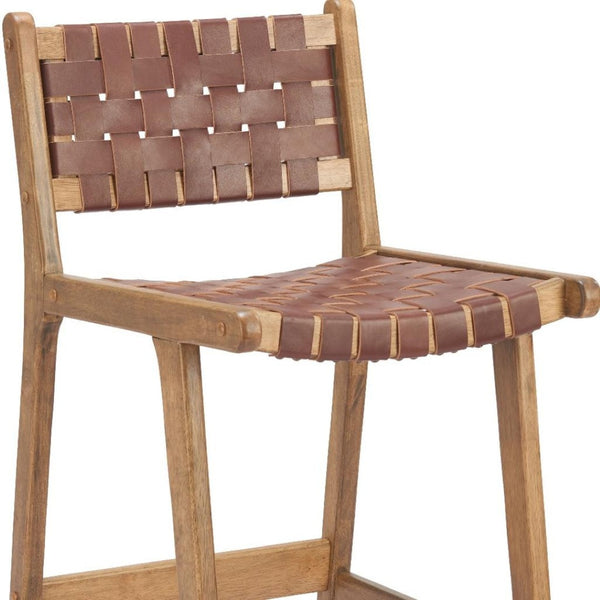 HomeRoots 29" Brown Leather Low Back Bar Chair - Stylish Solid Wood Design for Home, Bar, and Restaurant Use 668802