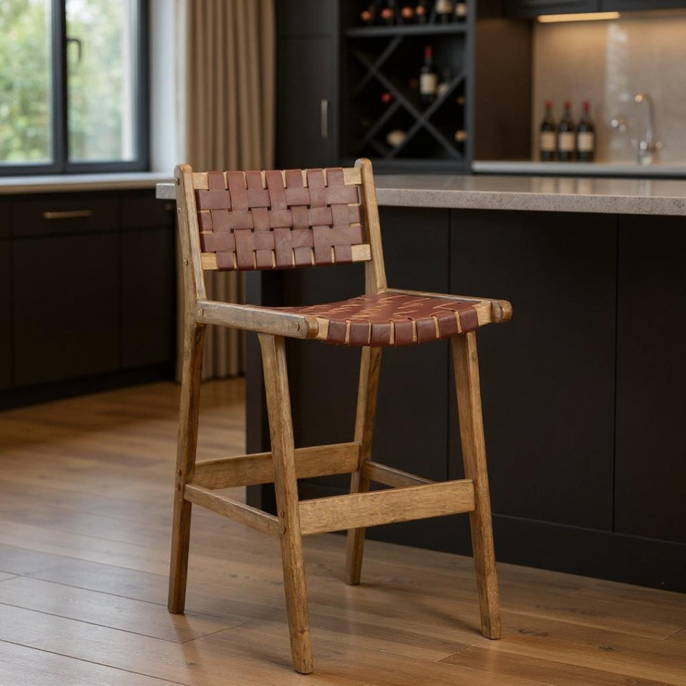 HomeRoots 29" Brown Leather Low Back Bar Chair - Stylish Solid Wood Design for Home, Bar, and Restaurant Use 668802