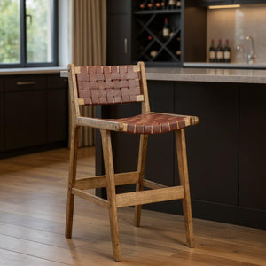 HomeRoots 29" Brown Leather Low Back Bar Chair - Stylish Solid Wood Design for Home, Bar, and Restaurant Use 668802