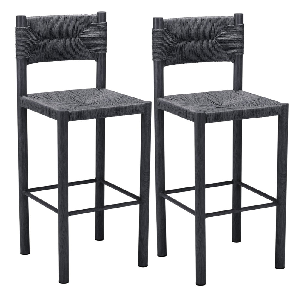HomeRoots Set of Two Stylish 30" Black Rattan & Aluminum Low Back Bar Chairs for Modern Indoor & Outdoor Use 668805