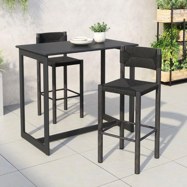 HomeRoots Set of Two Stylish 30" Black Rattan & Aluminum Low Back Bar Chairs for Modern Indoor & Outdoor Use 668805