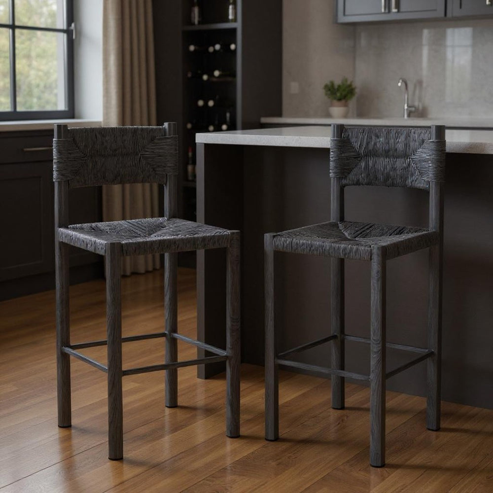 HomeRoots Set of Two Stylish 30" Black Rattan & Aluminum Low Back Bar Chairs for Modern Indoor & Outdoor Use 668805