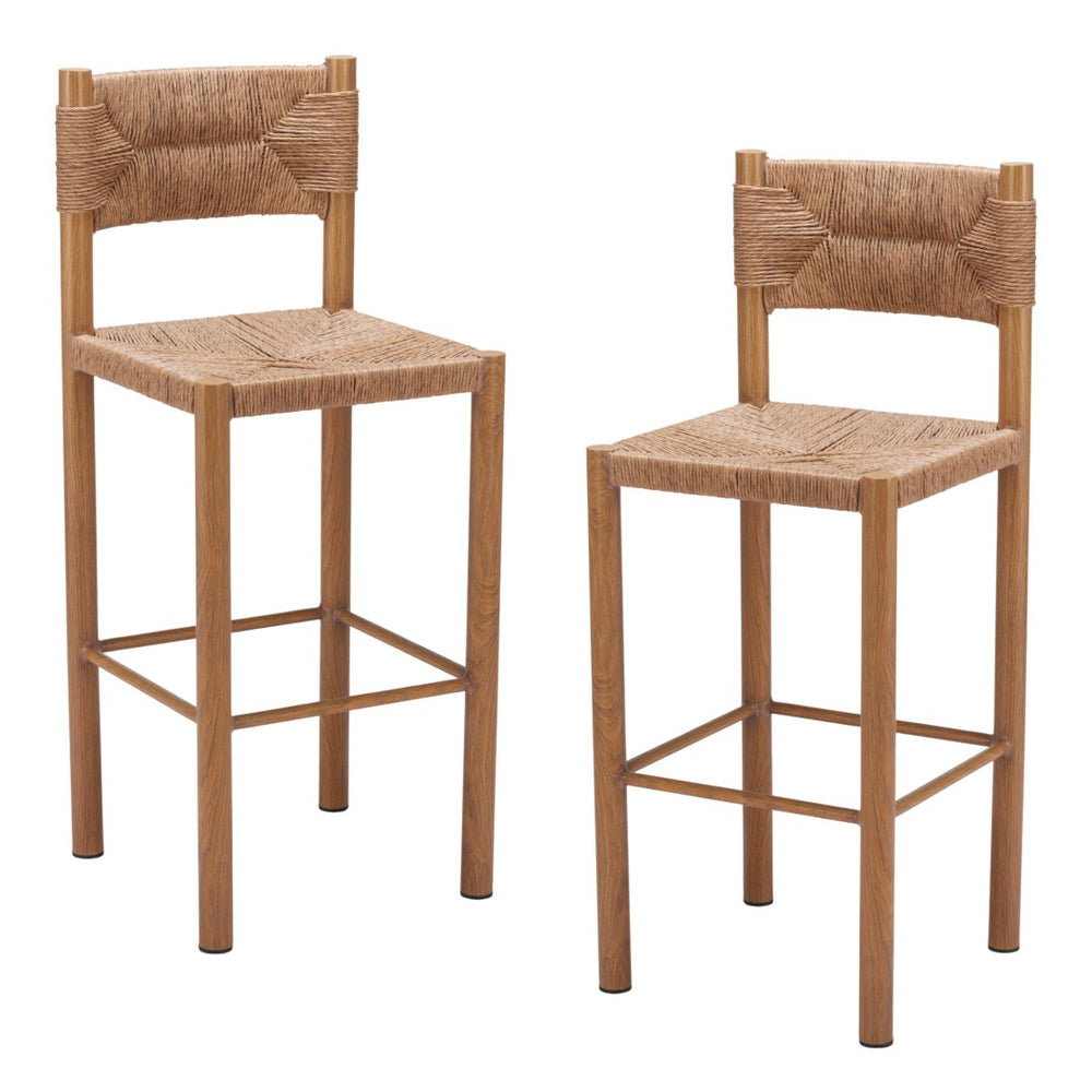 HomeRoots Set of Two 30" Natural Rattan Bar Chairs - Stylish Aluminum Low-Back Design for Indoor & Outdoor Use 668806