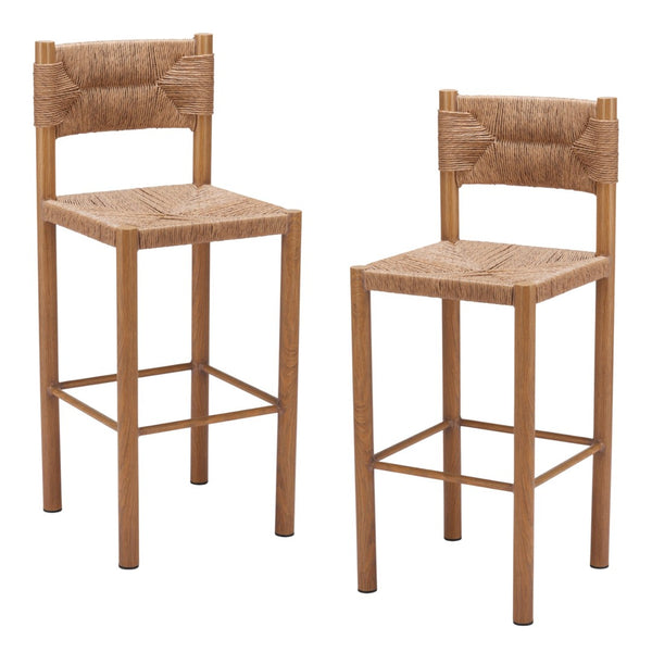 HomeRoots Set of Two 30" Natural Rattan Bar Chairs - Stylish Aluminum Low-Back Design for Indoor & Outdoor Use 668806