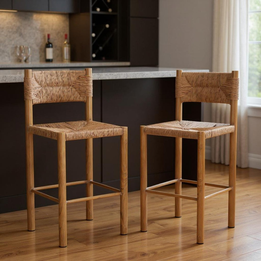 HomeRoots Set of Two 30" Natural Rattan Bar Chairs - Stylish Aluminum Low-Back Design for Indoor & Outdoor Use 668806