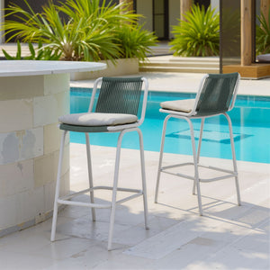 HomeRoots Set of Two Stylish Green and White Woven Back Bar Chairs for Comfortable Indoor/Outdoor Seating 668807