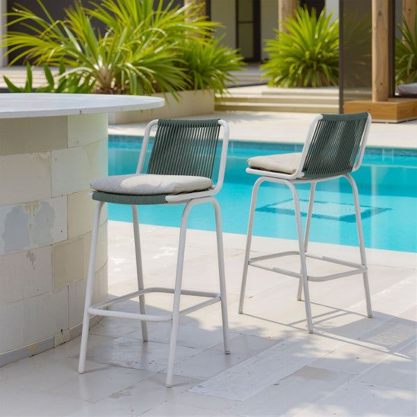 HomeRoots Set of Two Stylish Green and White Woven Back Bar Chairs for Comfortable Indoor/Outdoor Seating 668807