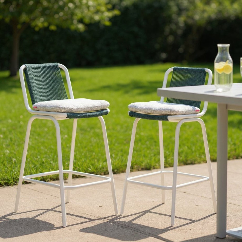 HomeRoots Set of Two Stylish Green and White Woven Back Bar Chairs for Comfortable Indoor/Outdoor Seating 668807