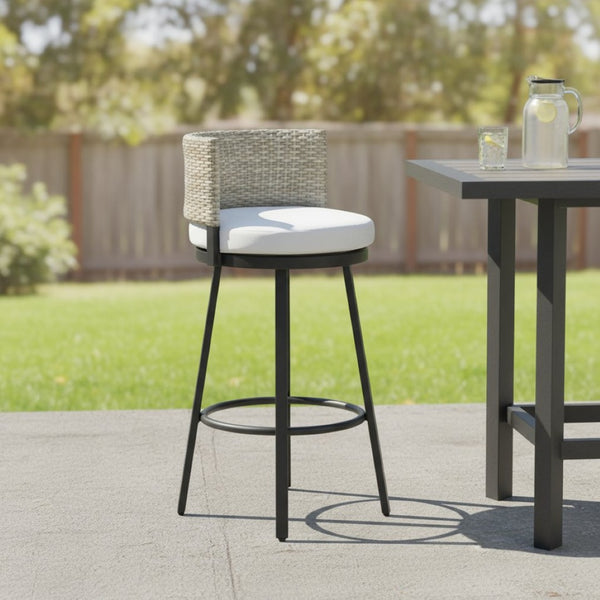 HomeRoots 31" Stylish Swivel Bar Chair with Faux Rattan & Olefin Cushion - Perfect for Patios & Spas! 668808