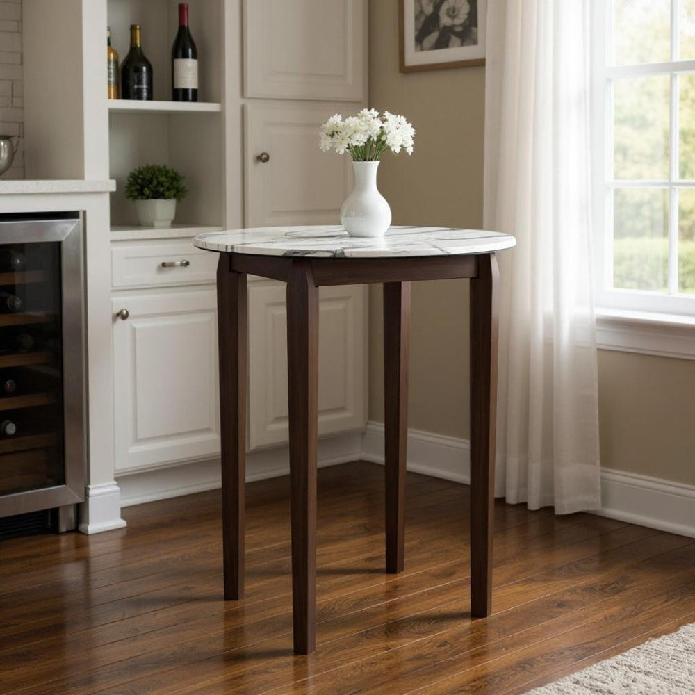 HomeRoots 32" Modern Round Bar Table with White Faux Marble Top & Solid Wood Base for Stylish Dining 668825
