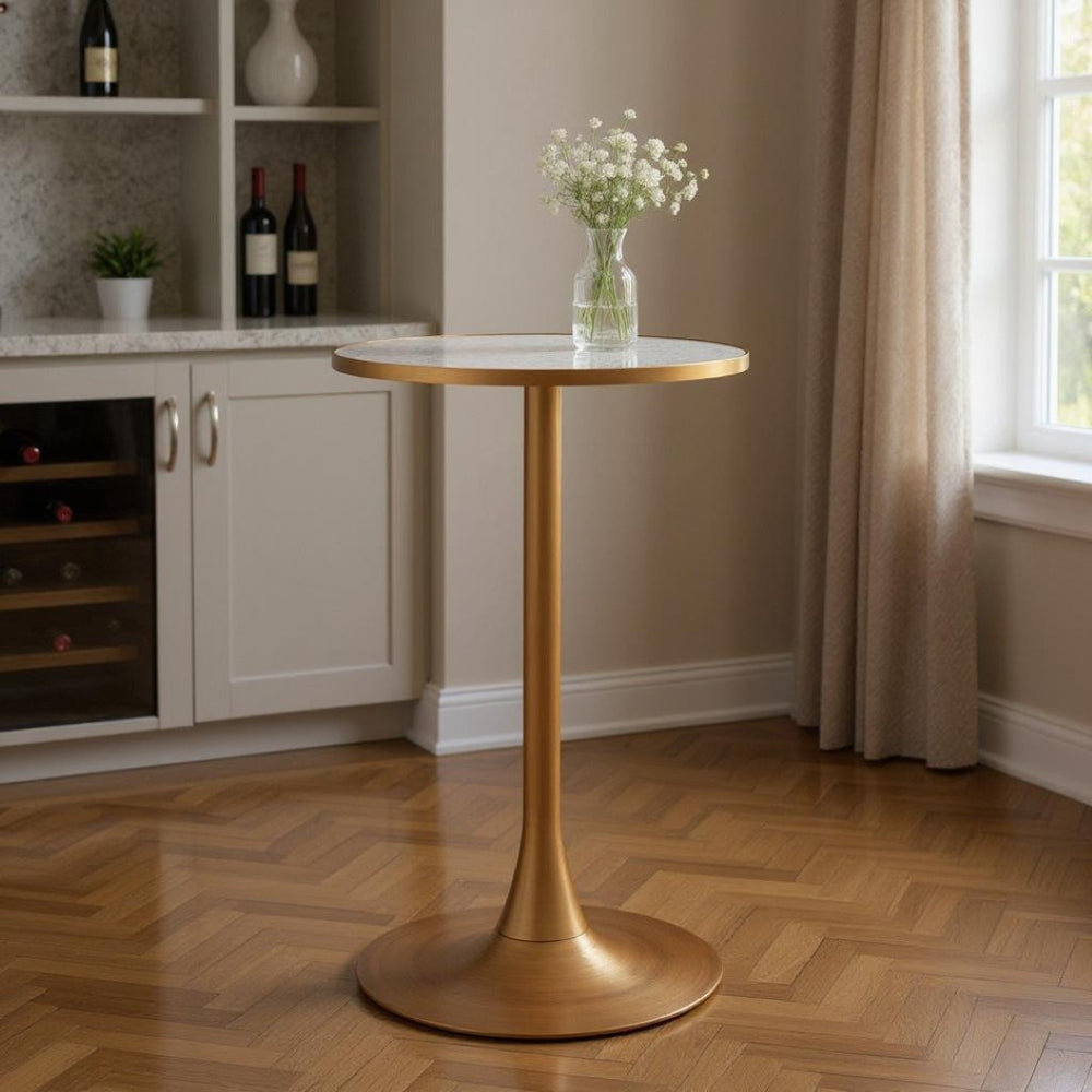 HomeRoots 24" Chic Beige and Gold Faux Terrazzo Bar Table - Modern Round Design for Stylish Dining & Socializing 668828
