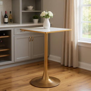HomeRoots 24" Beige Faux Terrazzo Bar Table with Gold Steel Base - Modern High-Top Design for Stylish Spaces 668831