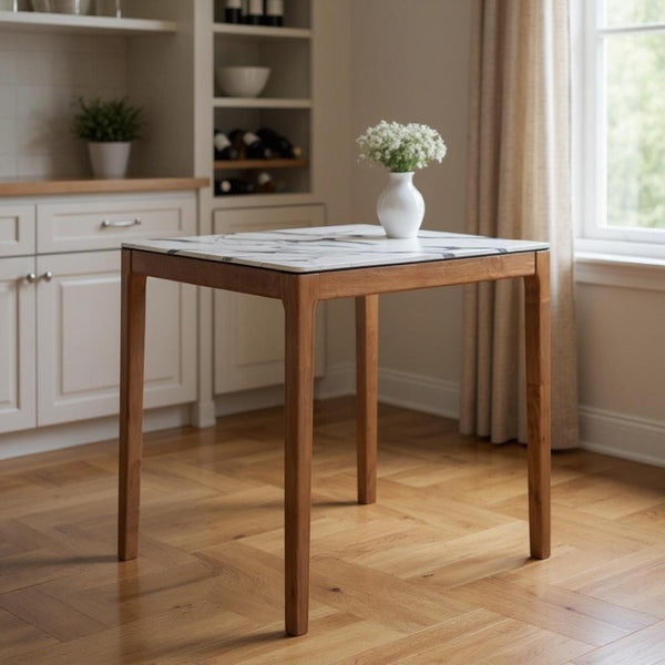 HomeRoots 32" Modern High-Top Square Bar Table with White Faux Marble Top and Natural Solid Wood Base Design 668834