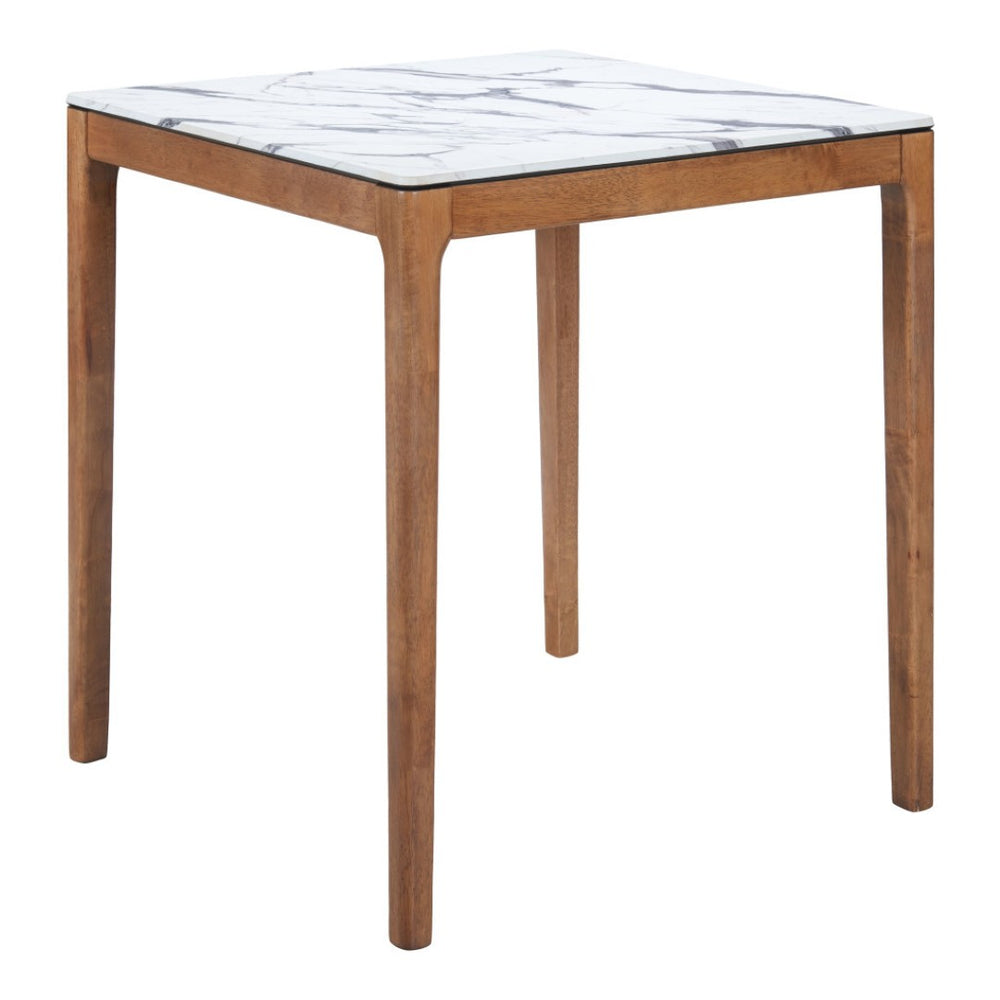 HomeRoots 32" Modern High-Top Square Bar Table with White Faux Marble Top and Natural Solid Wood Base Design 668834