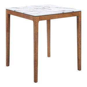 HomeRoots 32" Modern High-Top Square Bar Table with White Faux Marble Top and Natural Solid Wood Base Design 668834