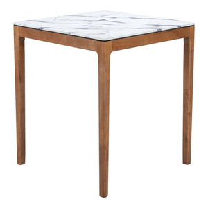 HomeRoots 32" Modern High-Top Square Bar Table with White Faux Marble Top and Natural Solid Wood Base Design 668834