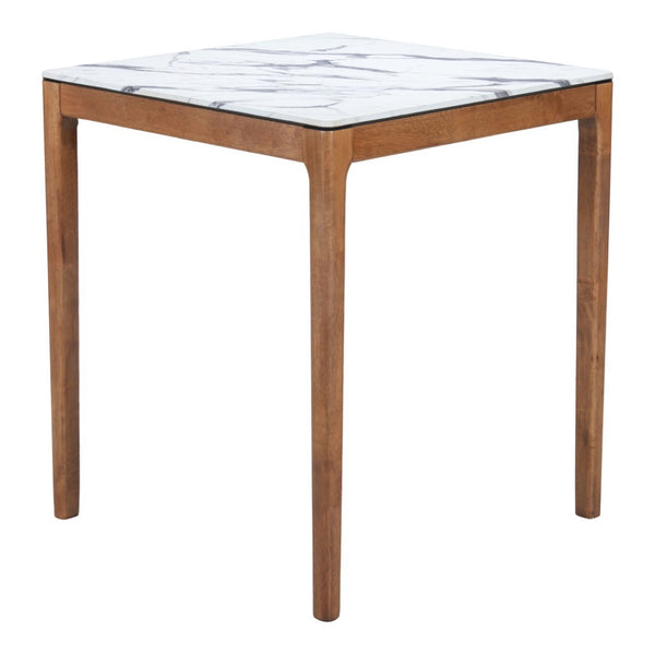 HomeRoots 32" Modern High-Top Square Bar Table with White Faux Marble Top and Natural Solid Wood Base Design 668834