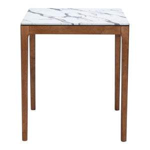 HomeRoots 32" Modern High-Top Square Bar Table with White Faux Marble Top and Natural Solid Wood Base Design 668834