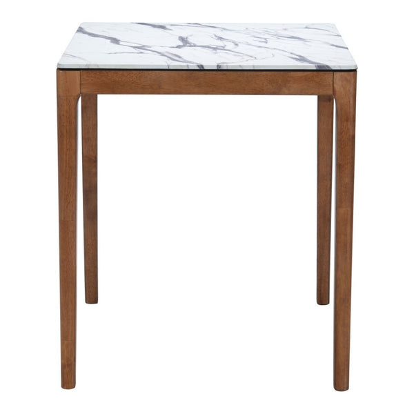 HomeRoots 32" Modern High-Top Square Bar Table with White Faux Marble Top and Natural Solid Wood Base Design 668834
