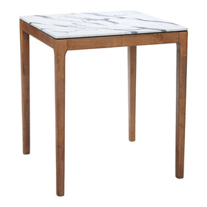 HomeRoots 32" Modern High-Top Square Bar Table with White Faux Marble Top and Natural Solid Wood Base Design 668834