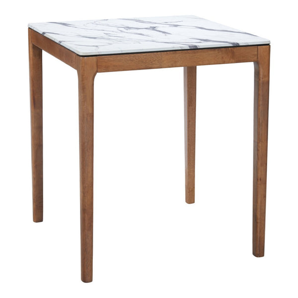 HomeRoots 32" Modern High-Top Square Bar Table with White Faux Marble Top and Natural Solid Wood Base Design 668834