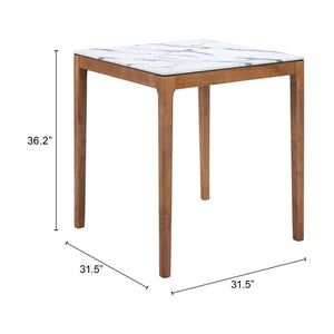 HomeRoots 32" Modern High-Top Square Bar Table with White Faux Marble Top and Natural Solid Wood Base Design 668834
