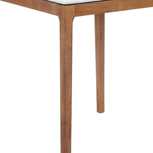 HomeRoots 32" Modern High-Top Square Bar Table with White Faux Marble Top and Natural Solid Wood Base Design 668834